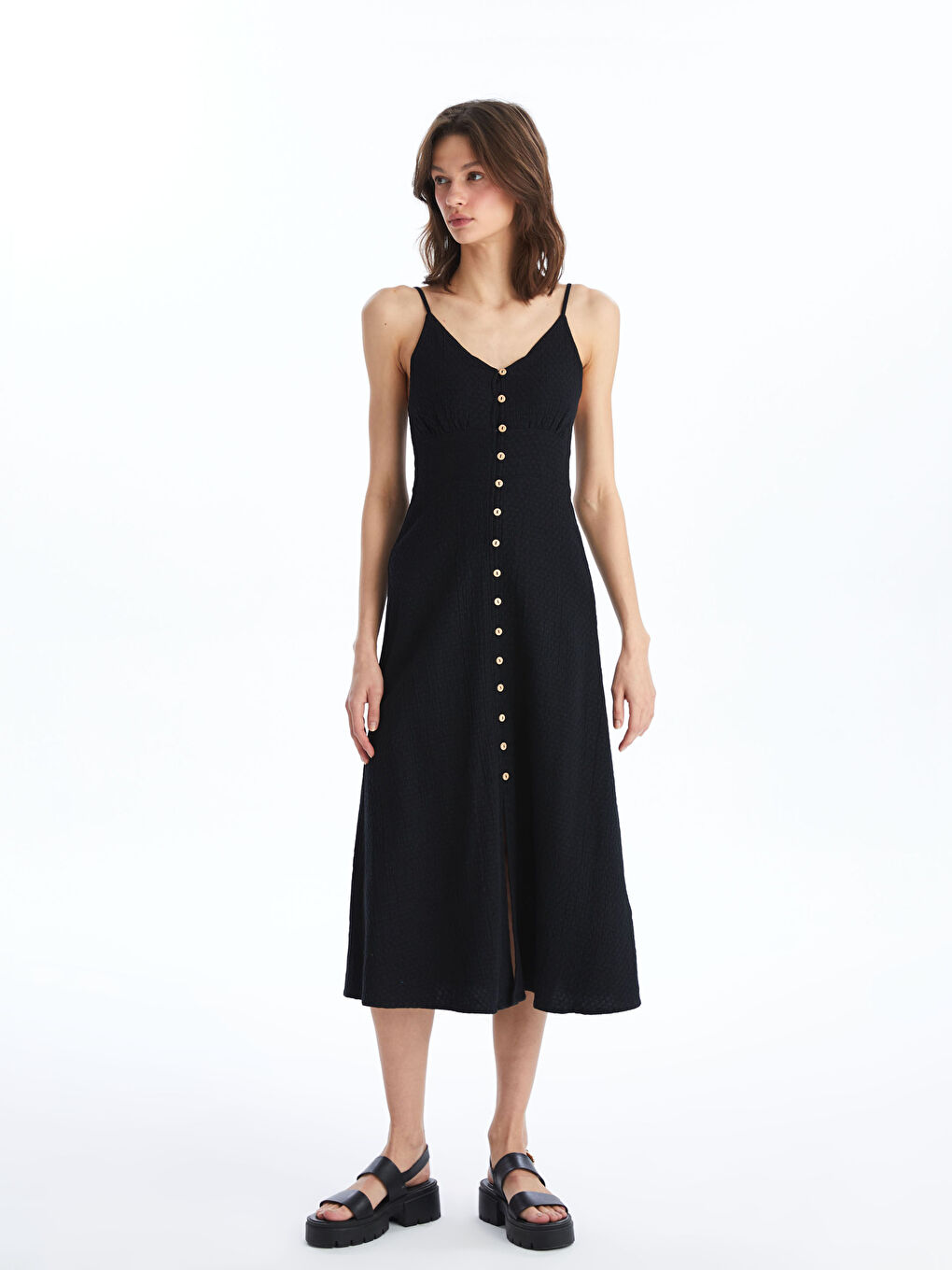 V Neck Plain Strappy Linen Blend Women's Dress -S4I596Z8-CVL