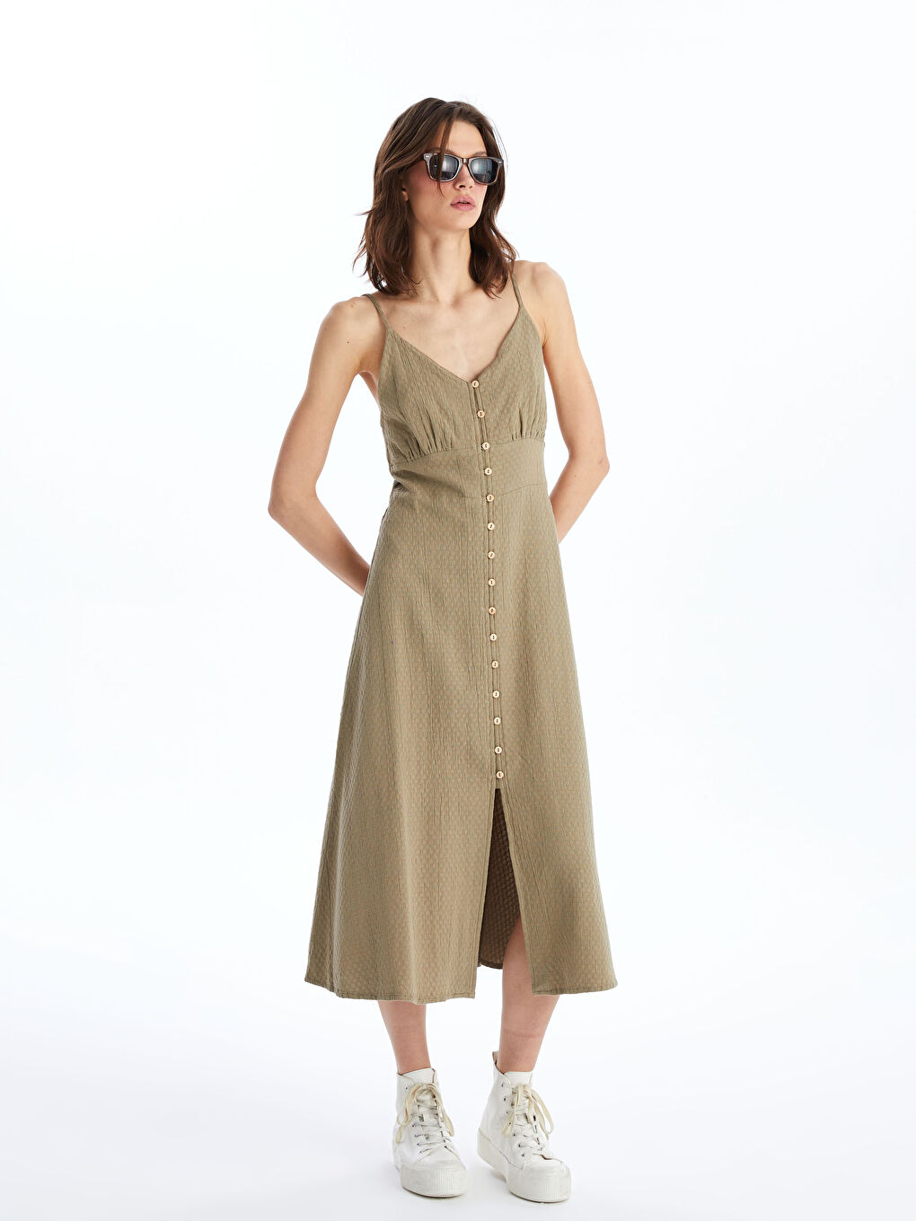 LCW Vision V Neck Plain Strappy Linen Blend Women's Dress -S4I596Z8-GYP