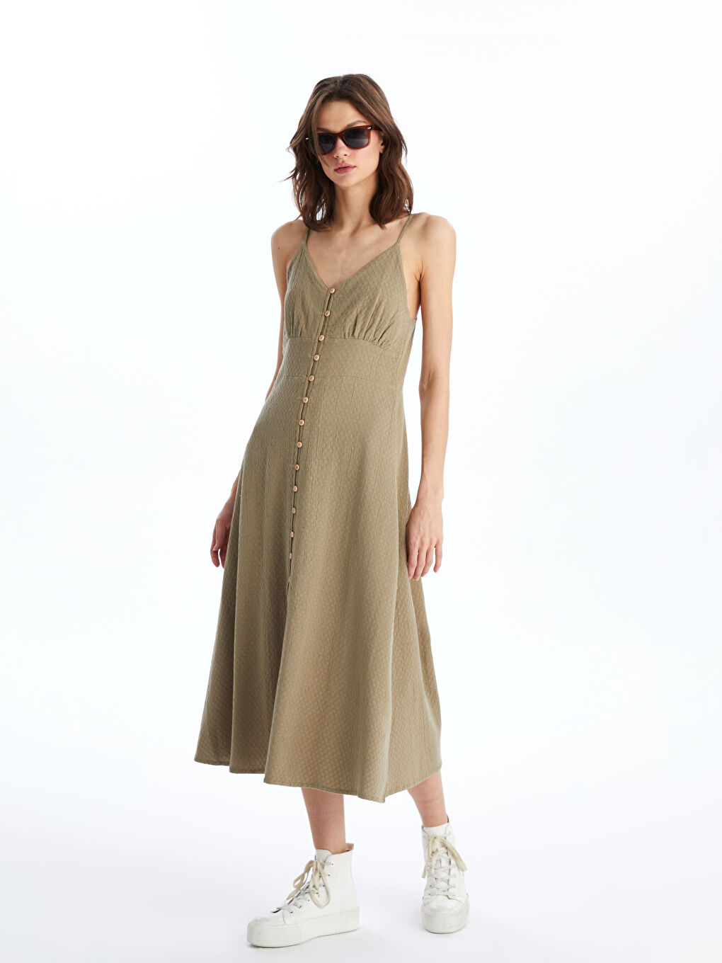 LCW Vision V Neck Plain Strappy Linen Blend Women's Dress -S4I596Z8-GYP