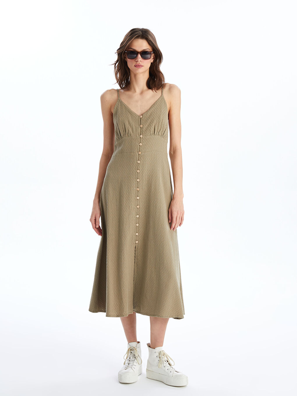 LCW Vision V Neck Plain Strappy Linen Blend Women's Dress -S4I596Z8-GYP