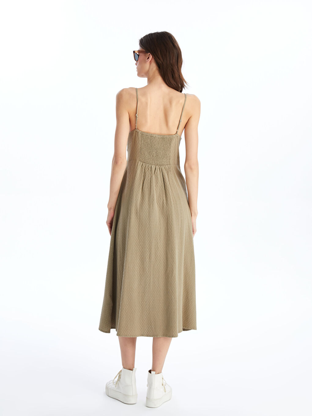 LCW Vision V Neck Plain Strappy Linen Blend Women's Dress -S4I596Z8-GYP