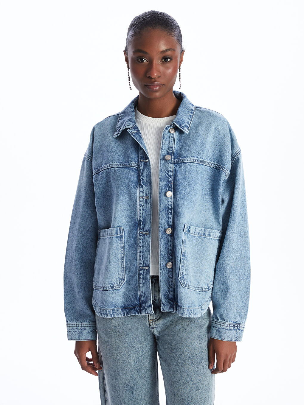 İndigo Gömlek Yaka Oversize Kadın Jean Ceket-1
