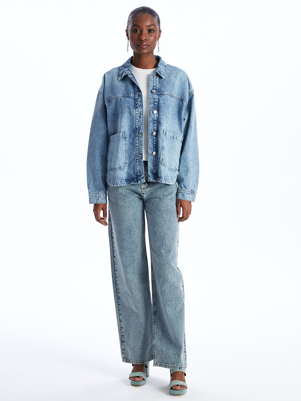 İndigo Gömlek Yaka Oversize Kadın Jean Ceket-2