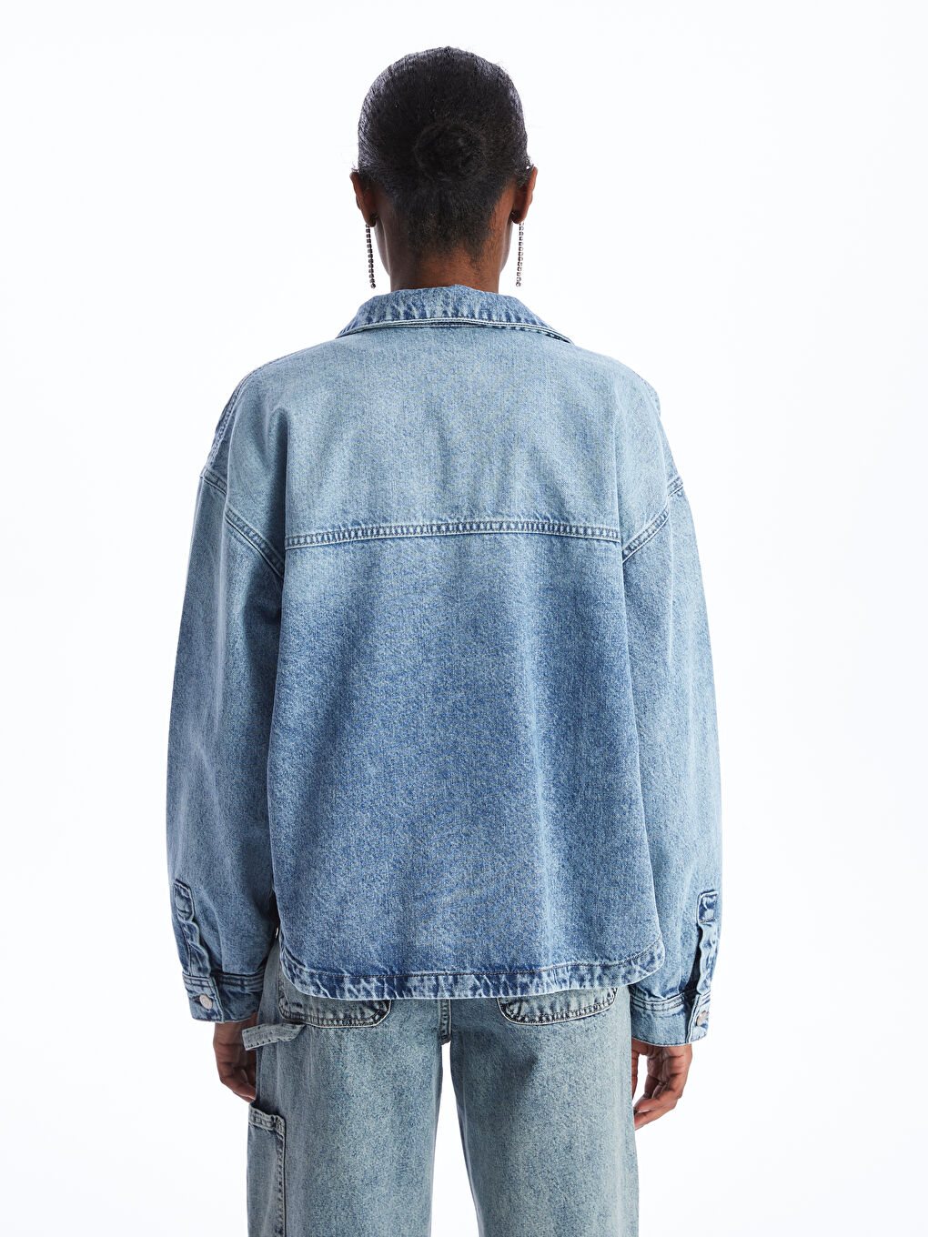 İndigo Gömlek Yaka Oversize Kadın Jean Ceket-4
