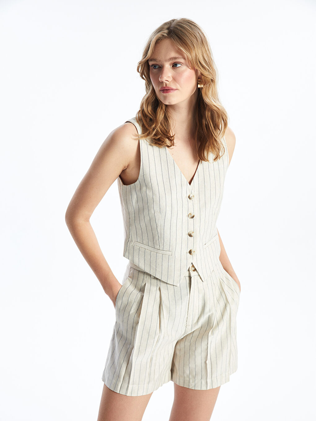 LCW Vision V-Neck Striped Linen Blend Women's Classic Waistcoat -S4I800Z8-ELZ