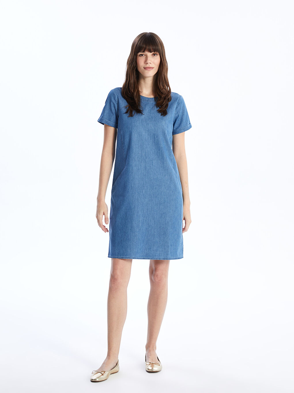 Crew Neck Straight Short Sleeve Women's Jean Dress -S4I836Z8-563
