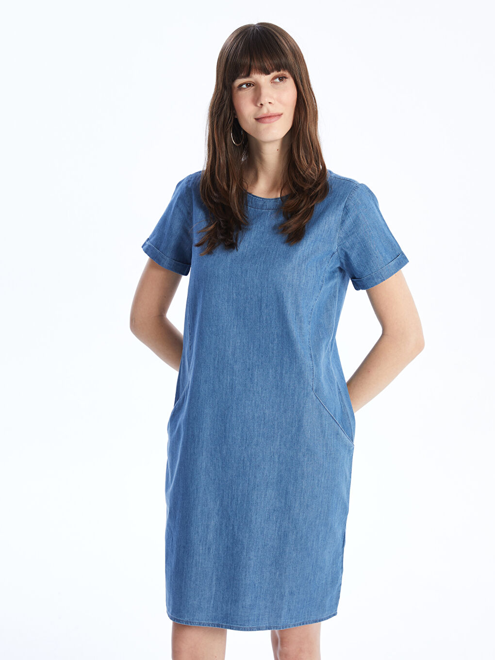 Crew Neck Straight Short Sleeve Women's Jean Dress -S4I836Z8-563