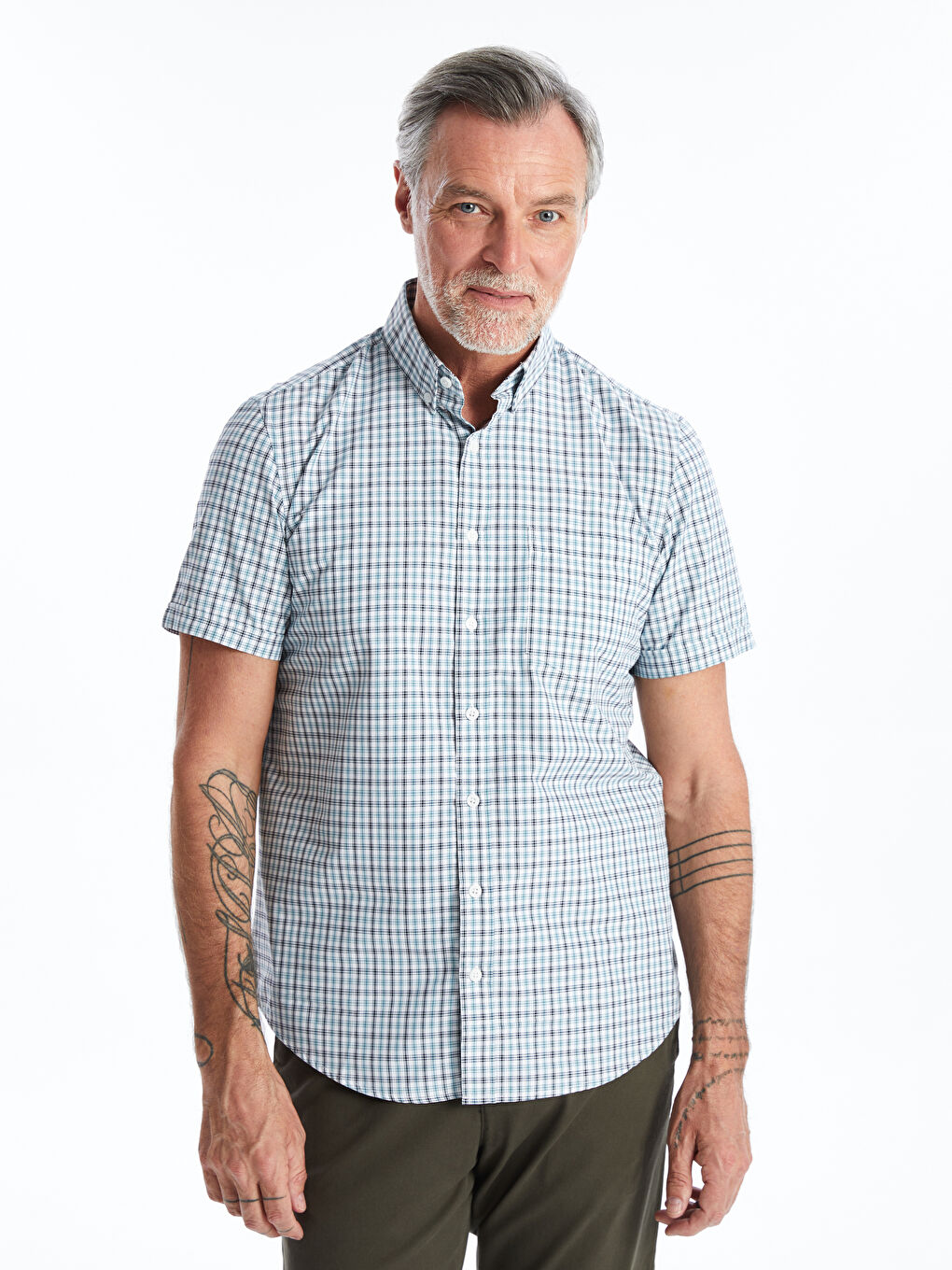 Regular Fit Short Sleeve Plaid Oxford Men's Shirt -S4I843Z8-LME