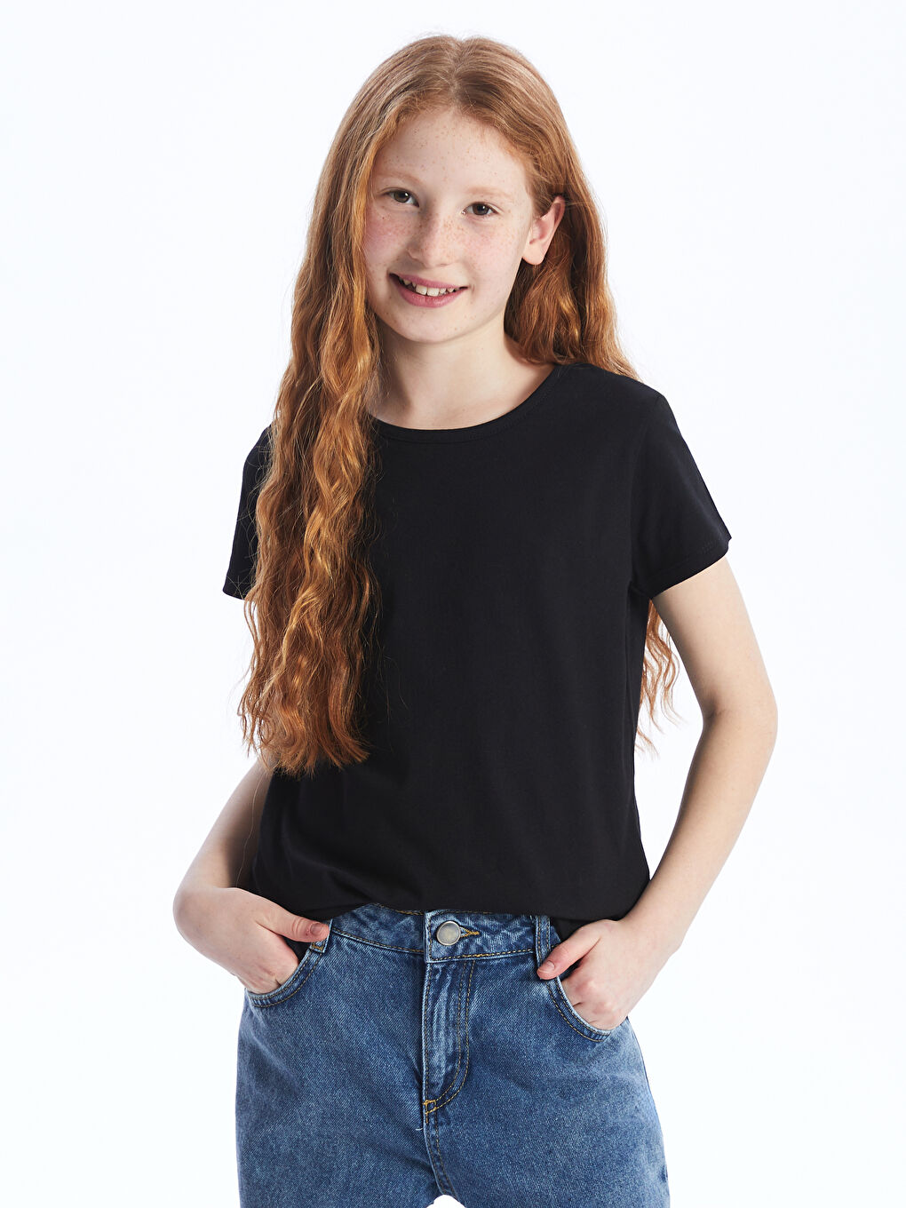 Siyah Bisiklet Yaka Basic Kısa Kollu Kız Çocuk Tişört