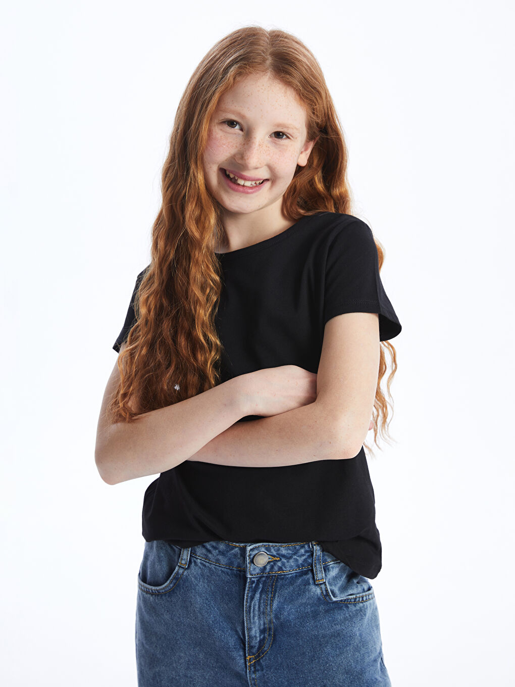 Siyah Bisiklet Yaka Basic Kısa Kollu Kız Çocuk Tişört-3