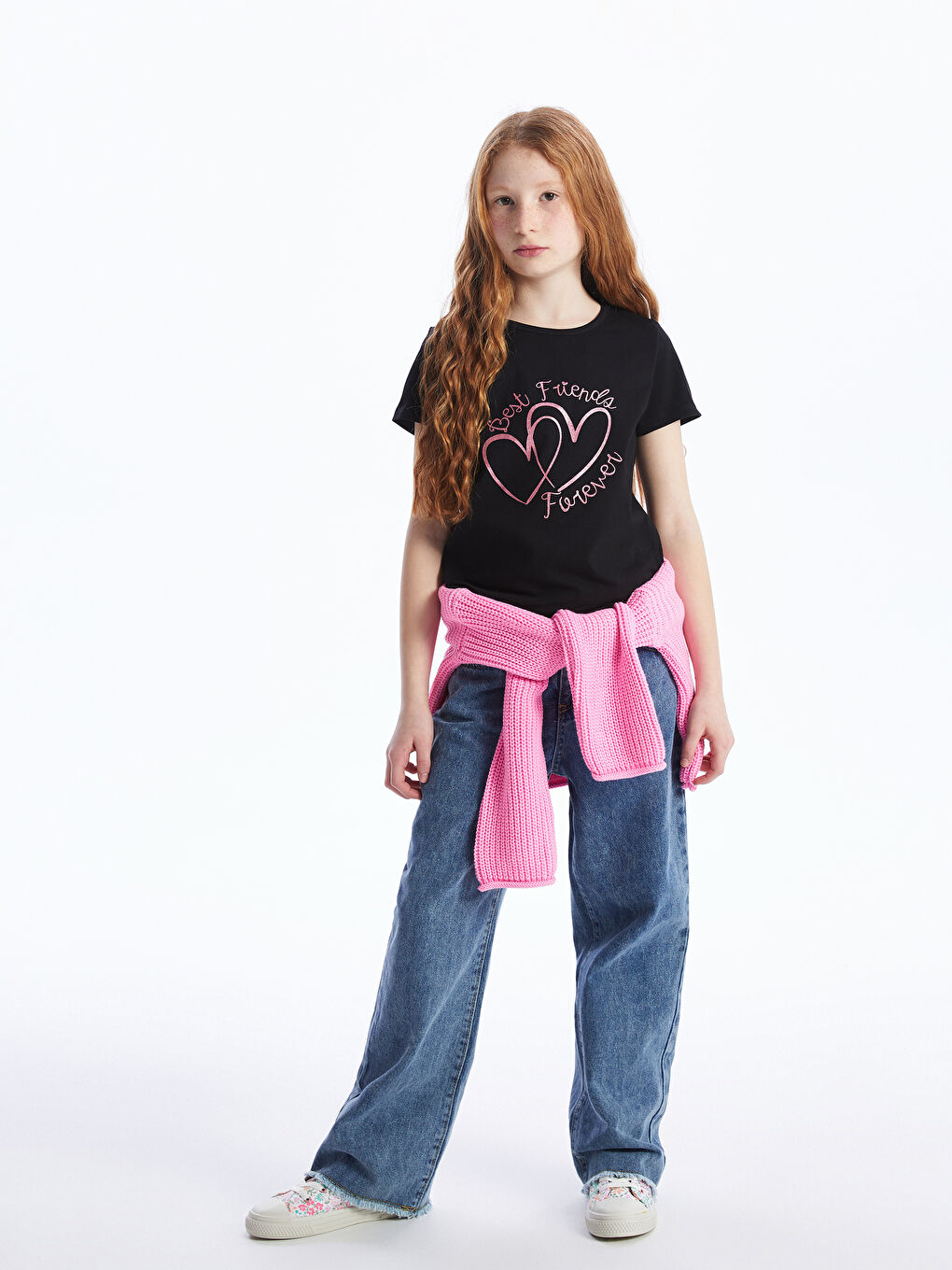 Siyah Bisiklet Yaka Baskılı Kısa Kollu Kız Çocuk Tişört-1