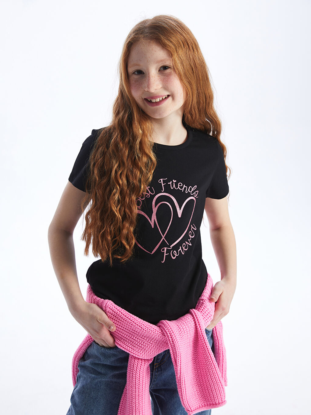 Siyah Bisiklet Yaka Baskılı Kısa Kollu Kız Çocuk Tişört-2