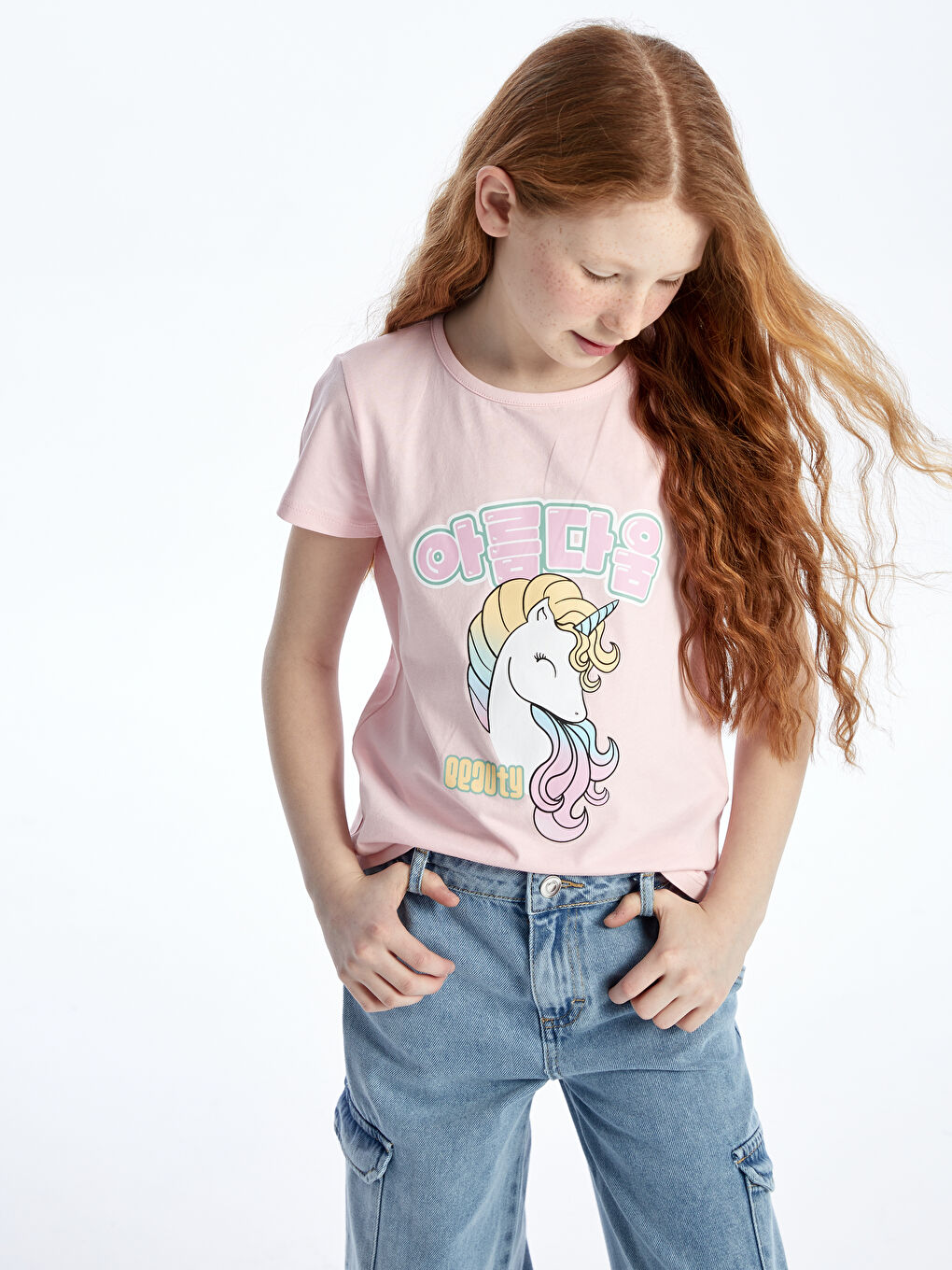 Pembe Bisiklet Yaka Baskılı Kısa Kollu Kız Çocuk Tişört-1