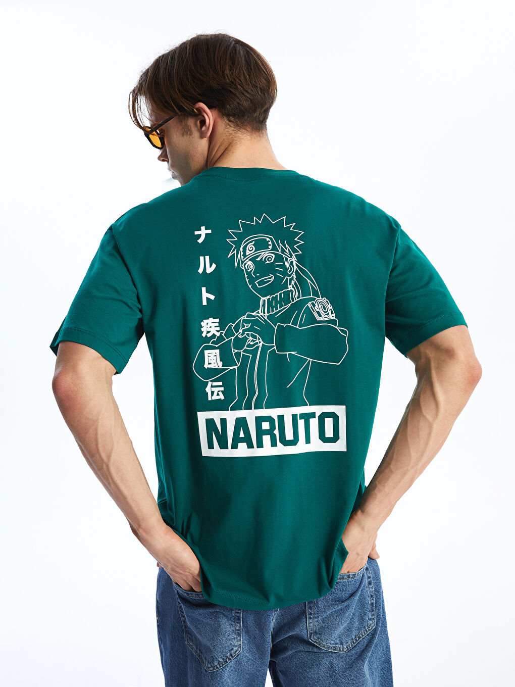 XSIDE Yeşil Bisiklet Yaka Kısa Kollu Naruto Baskılı Penye Erkek Tişört