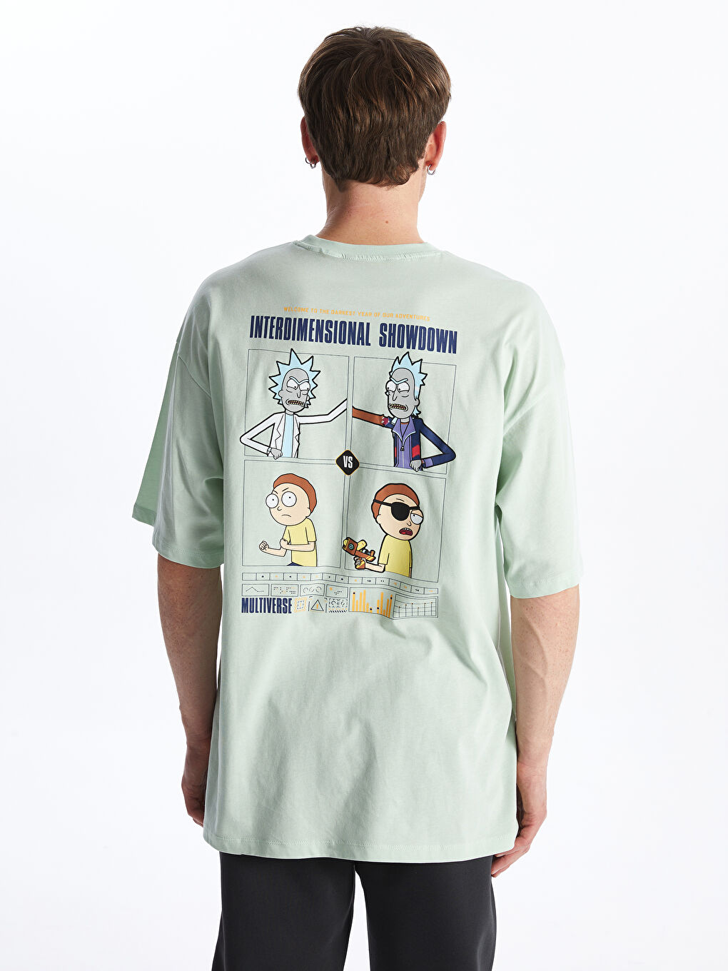 XSIDE Pastel Yeşil Oversize Bisiklet Yaka Kısa Kollu Rick and Morty Baskılı Penye Erkek Tişört - 4