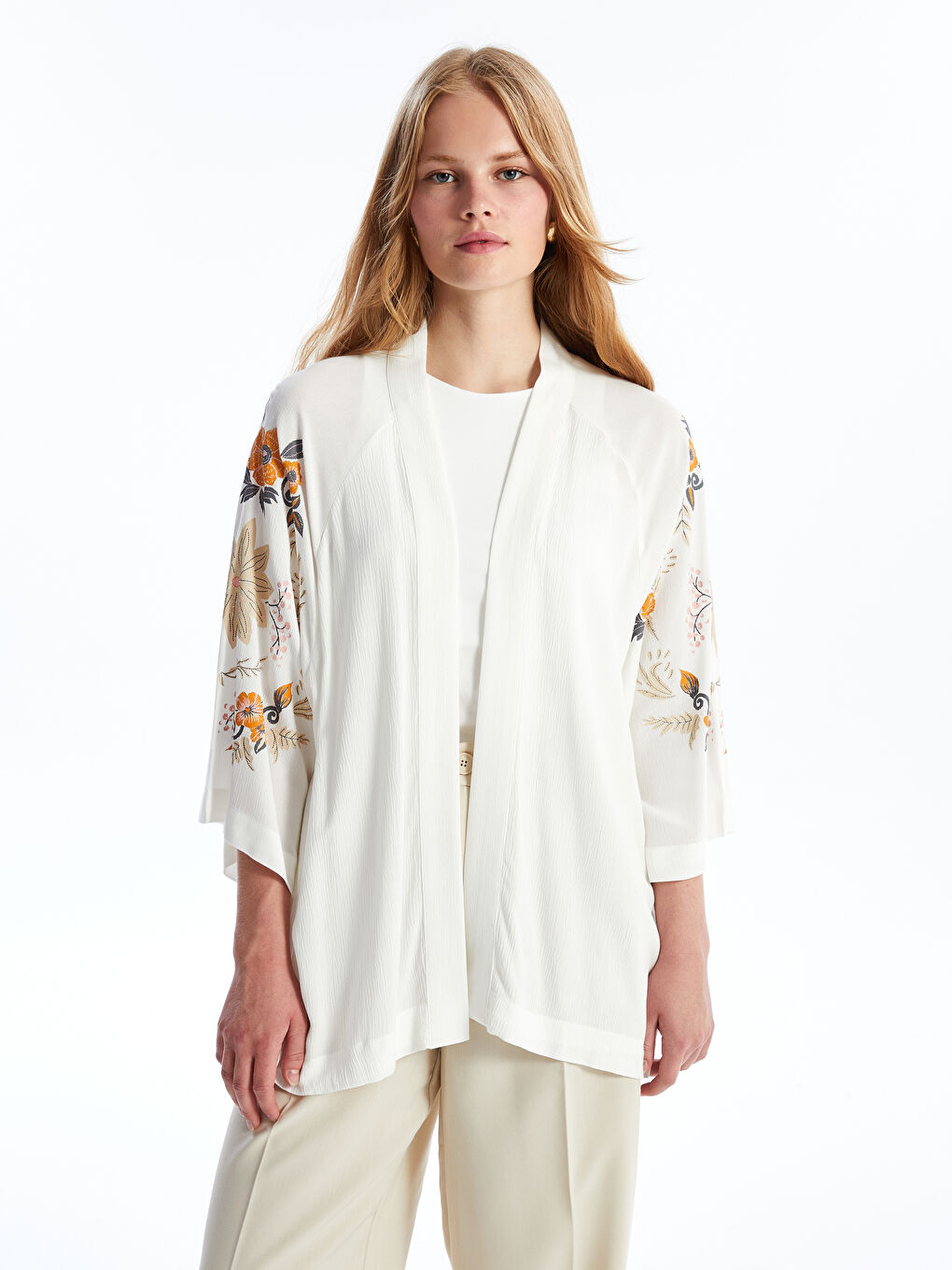 LCW Vision Ekru Şal Yaka Çiçekli Oversize Kadın Kimono - 2