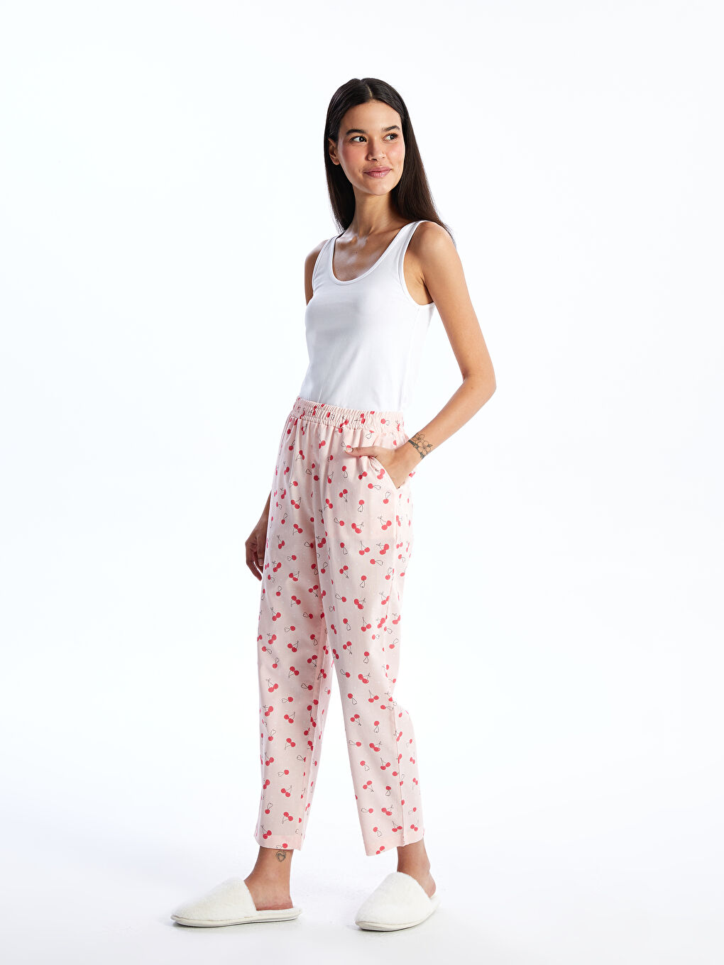 Pembe Beli Lastikli Desenli Kadın Pijama Altı