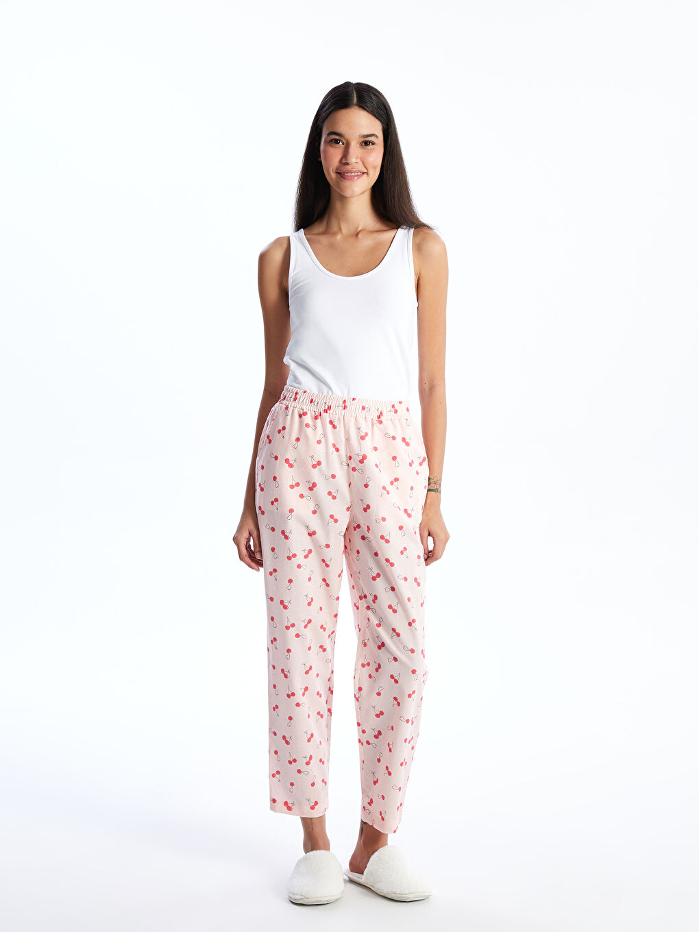 Pembe Beli Lastikli Desenli Kadın Pijama Altı-1