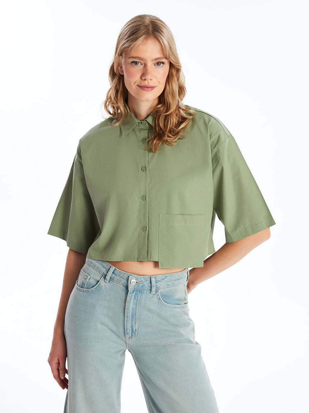 Plain Short Sleeve Crop Poplin Women's Shirt -S4IA90Z8-GC8