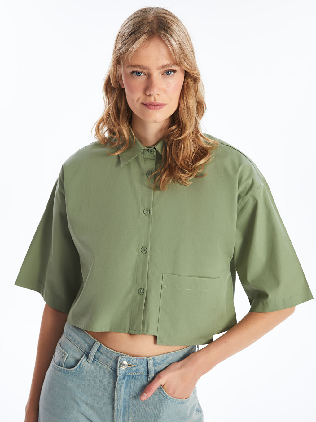 Plain Short Sleeve Crop Poplin Women's Shirt -S4IA90Z8-GC8