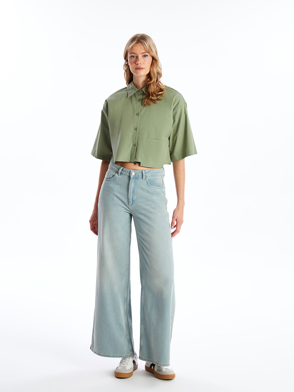 Plain Short Sleeve Crop Poplin Women's Shirt -S4IA90Z8-GC8