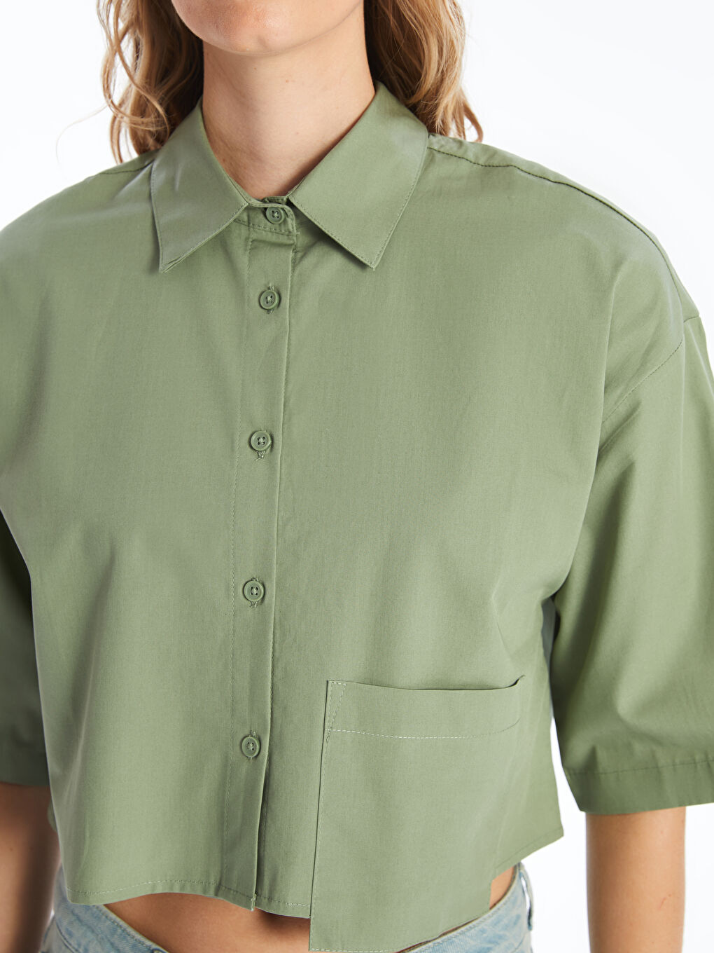 Plain Short Sleeve Crop Poplin Women's Shirt -S4IA90Z8-GC8
