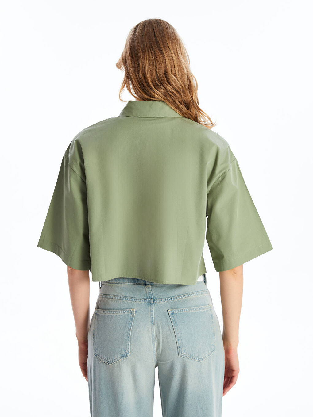 Plain Short Sleeve Crop Poplin Women's Shirt -S4IA90Z8-GC8