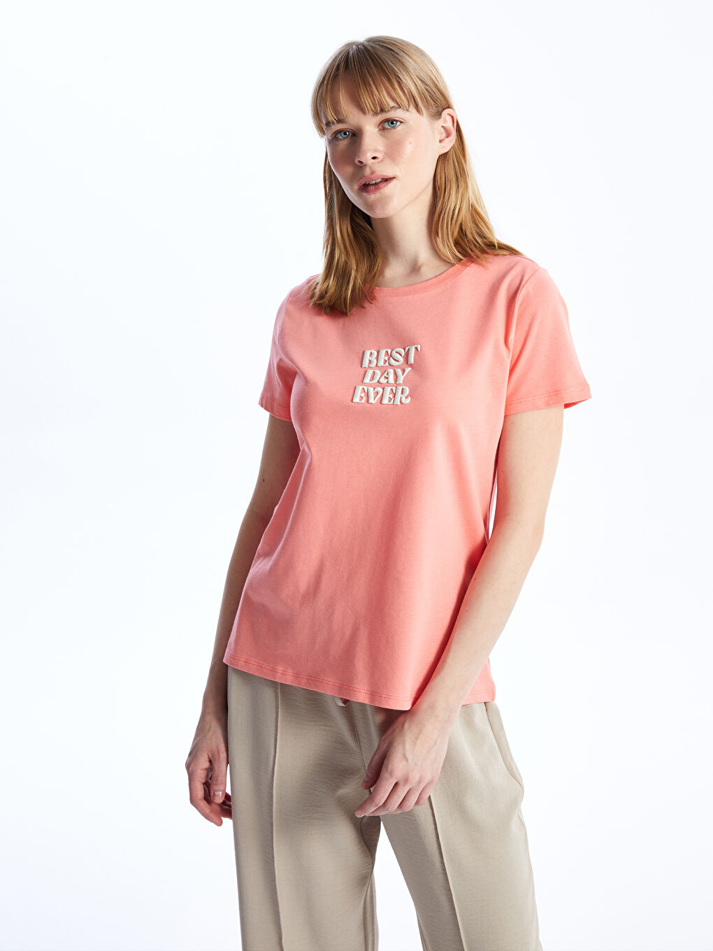 Mercan Bisiklet Yaka Baskılı Kısa Kollu Kadın Tişört