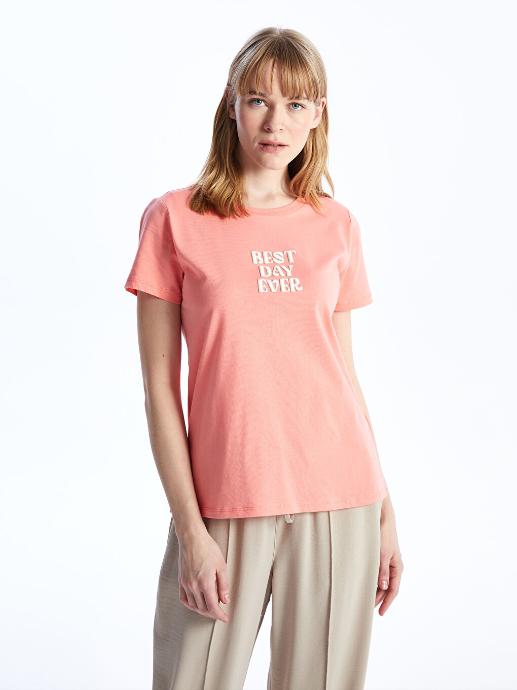 Mercan Bisiklet Yaka Baskılı Kısa Kollu Kadın Tişört-1