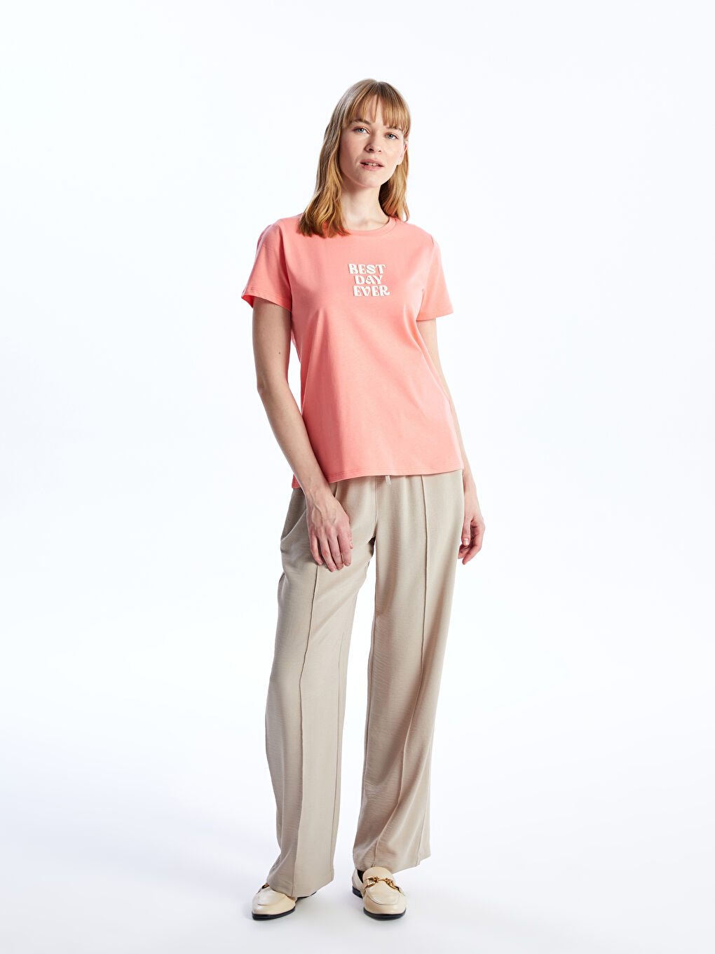 Mercan Bisiklet Yaka Baskılı Kısa Kollu Kadın Tişört-2