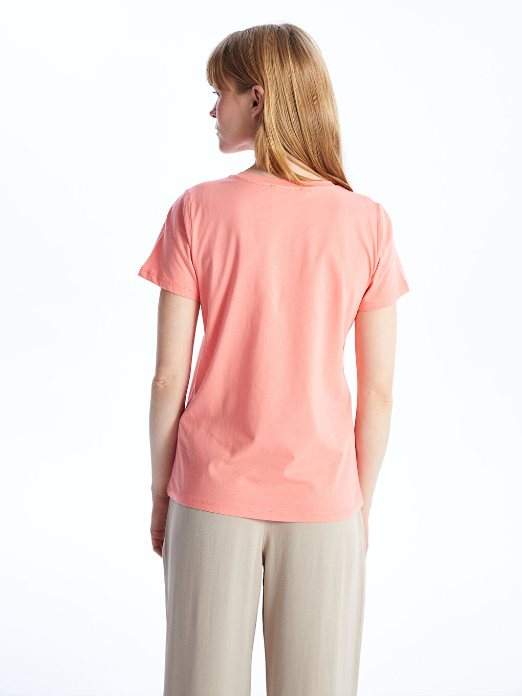 Mercan Bisiklet Yaka Baskılı Kısa Kollu Kadın Tişört-4