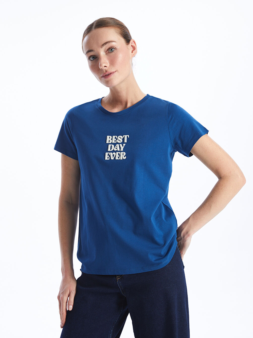 Lacivert Bisiklet Yaka Baskılı Kısa Kollu Kadın Tişört