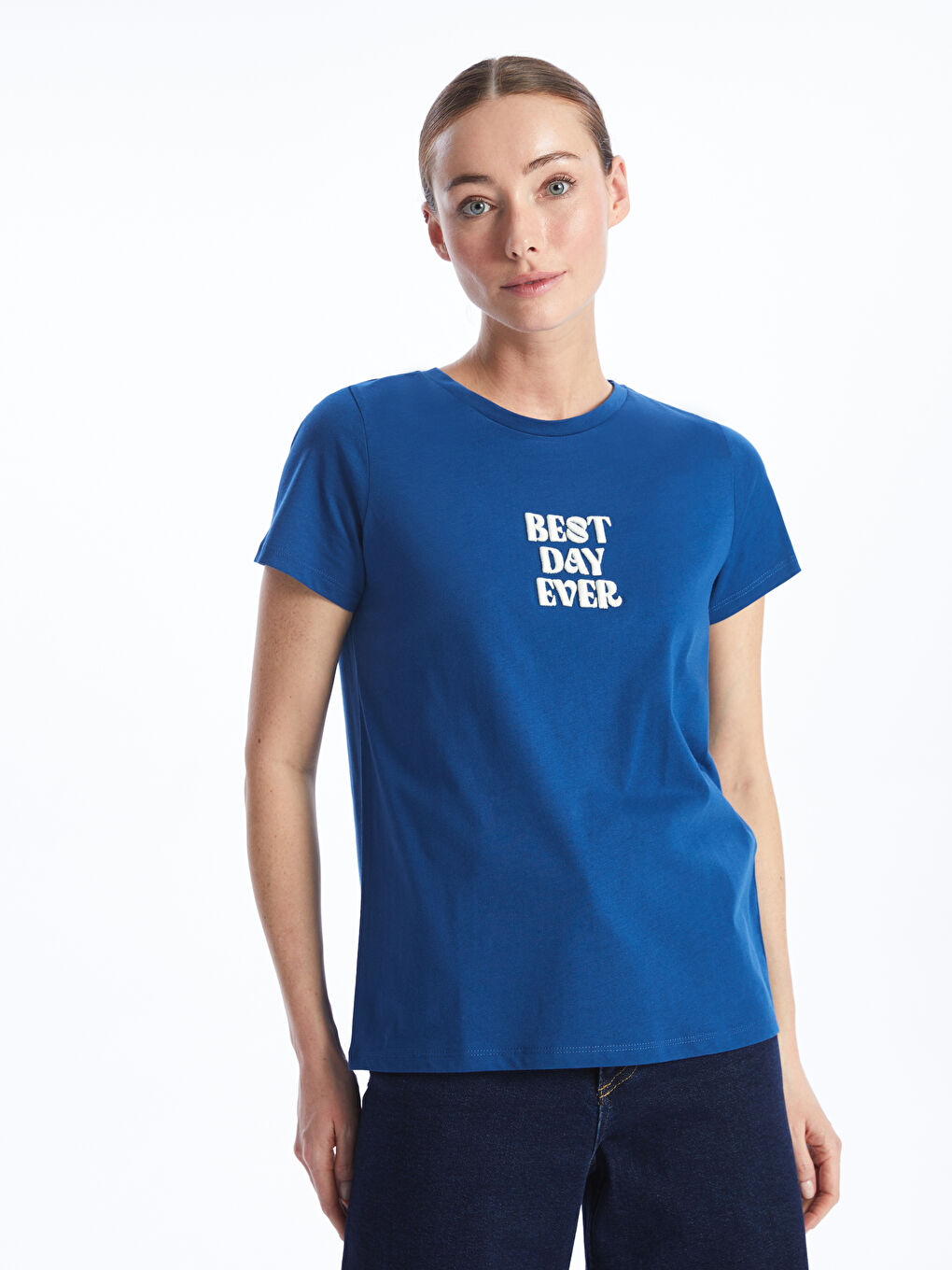 Lacivert Bisiklet Yaka Baskılı Kısa Kollu Kadın Tişört-1