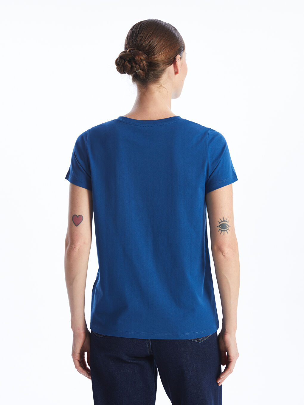 Lacivert Bisiklet Yaka Baskılı Kısa Kollu Kadın Tişört-3