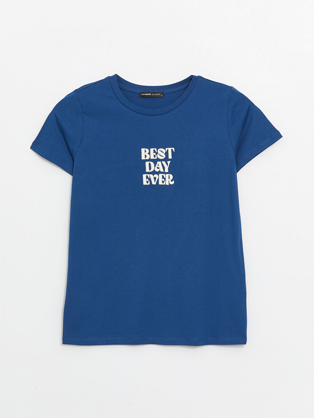 Lacivert Bisiklet Yaka Baskılı Kısa Kollu Kadın Tişört-4