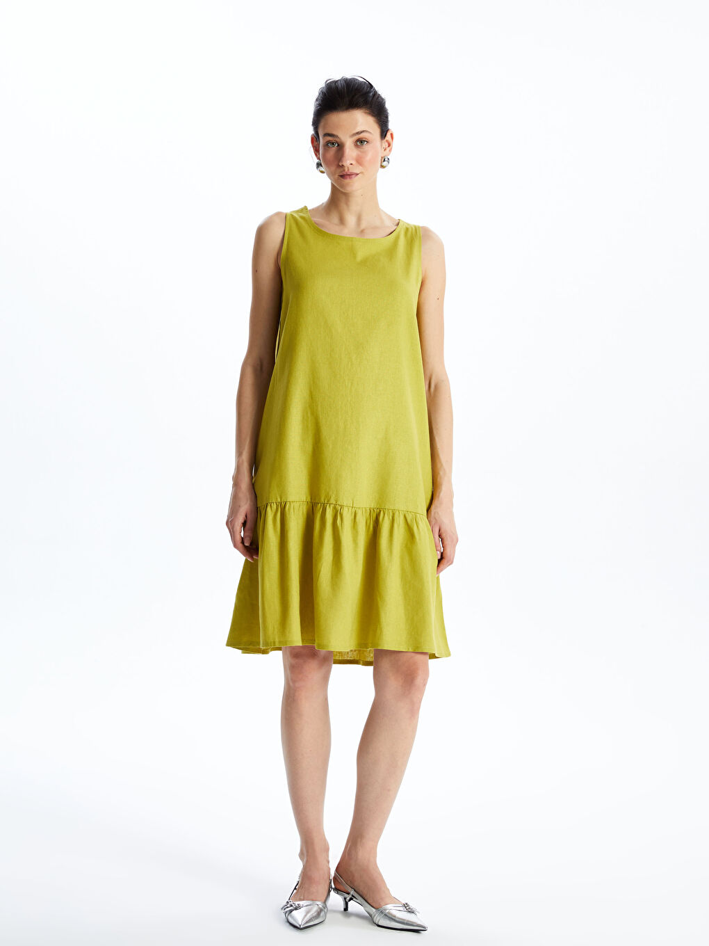 әйелдерге арналған дөңгелек жағалы өрнексіз зығыр қоспасы көйлек-1