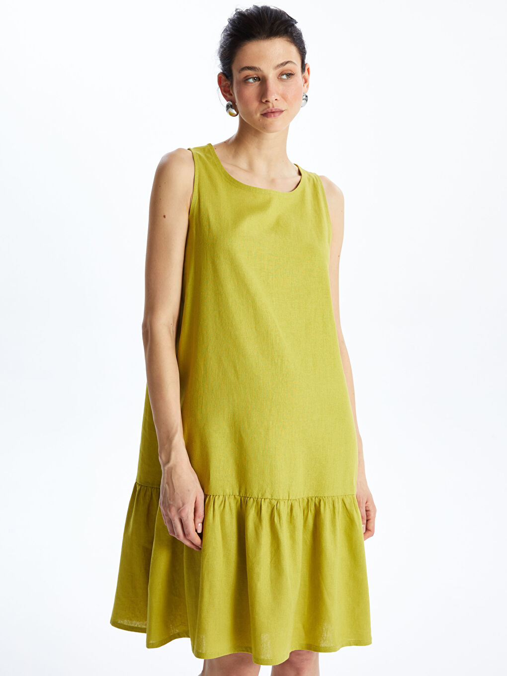 әйелдерге арналған дөңгелек жағалы өрнексіз зығыр қоспасы көйлек-2