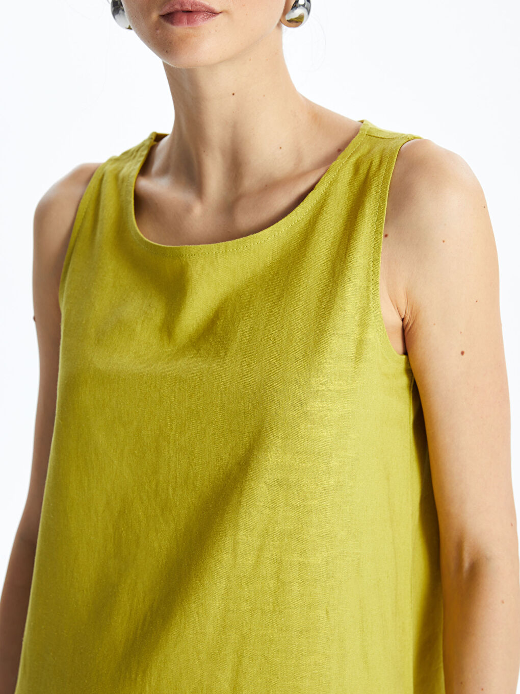 әйелдерге арналған дөңгелек жағалы өрнексіз зығыр қоспасы көйлек-3