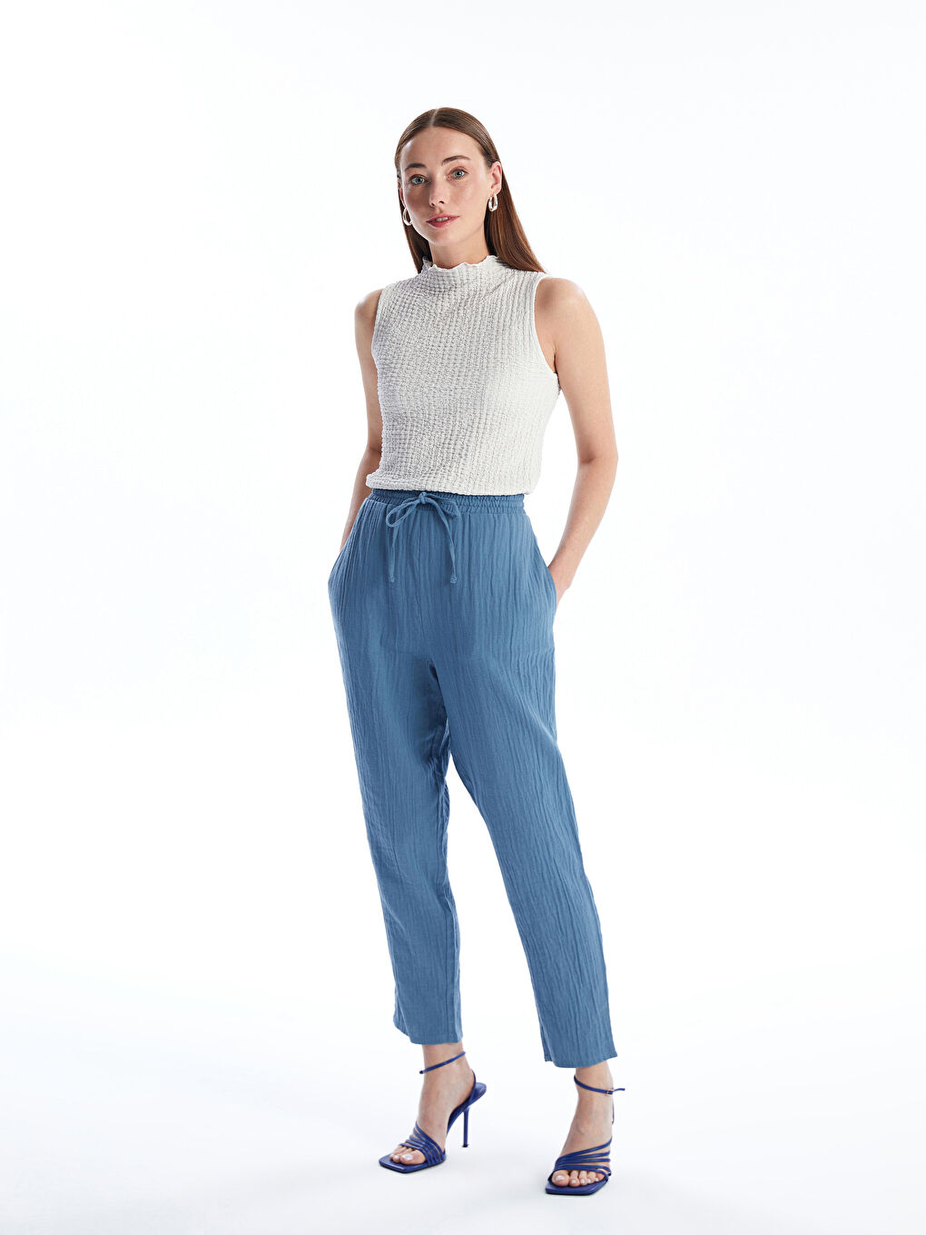 Lacivert Beli Lastikli Havuç Kesim Kadın Pantolon