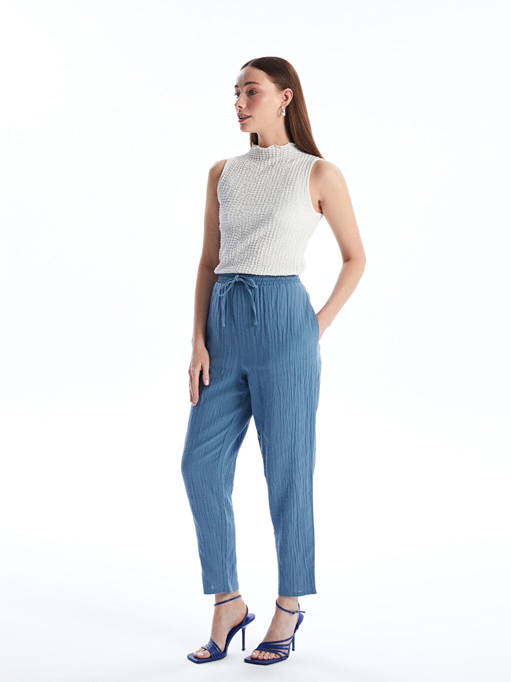 Lacivert Beli Lastikli Havuç Kesim Kadın Pantolon-1