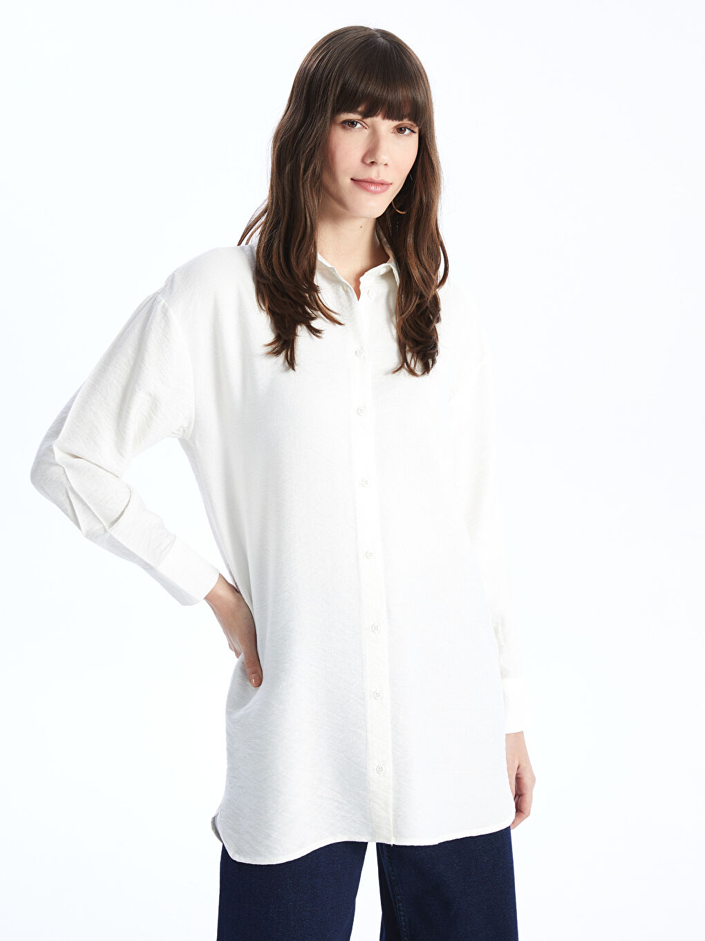 Beyaz Düz Uzun Kollu Oversize Kadın Gömlek Tunik