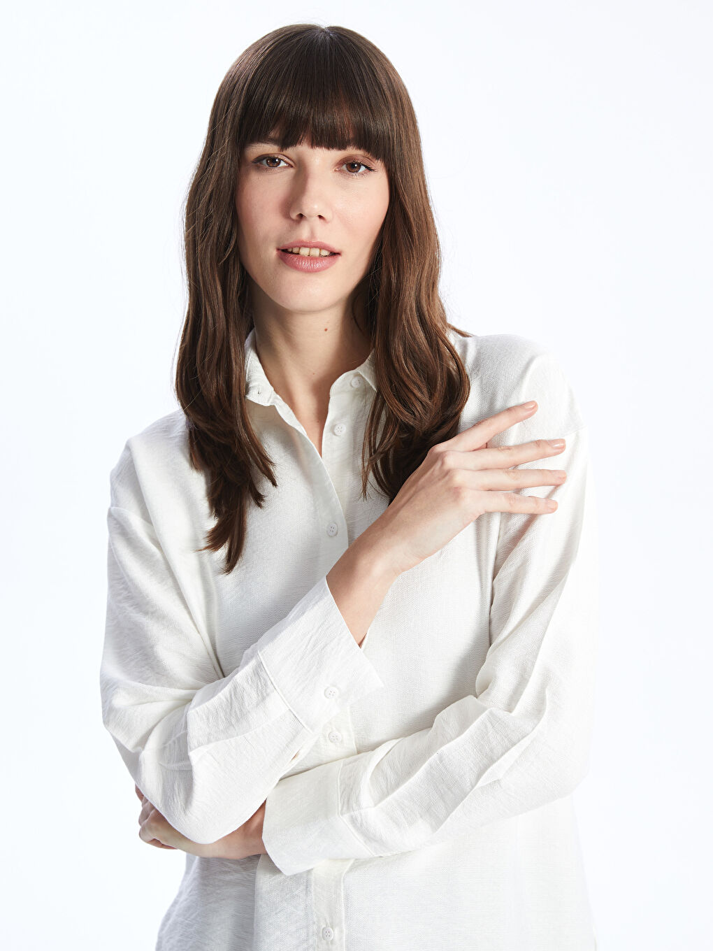 Beyaz Düz Uzun Kollu Oversize Kadın Gömlek Tunik-1