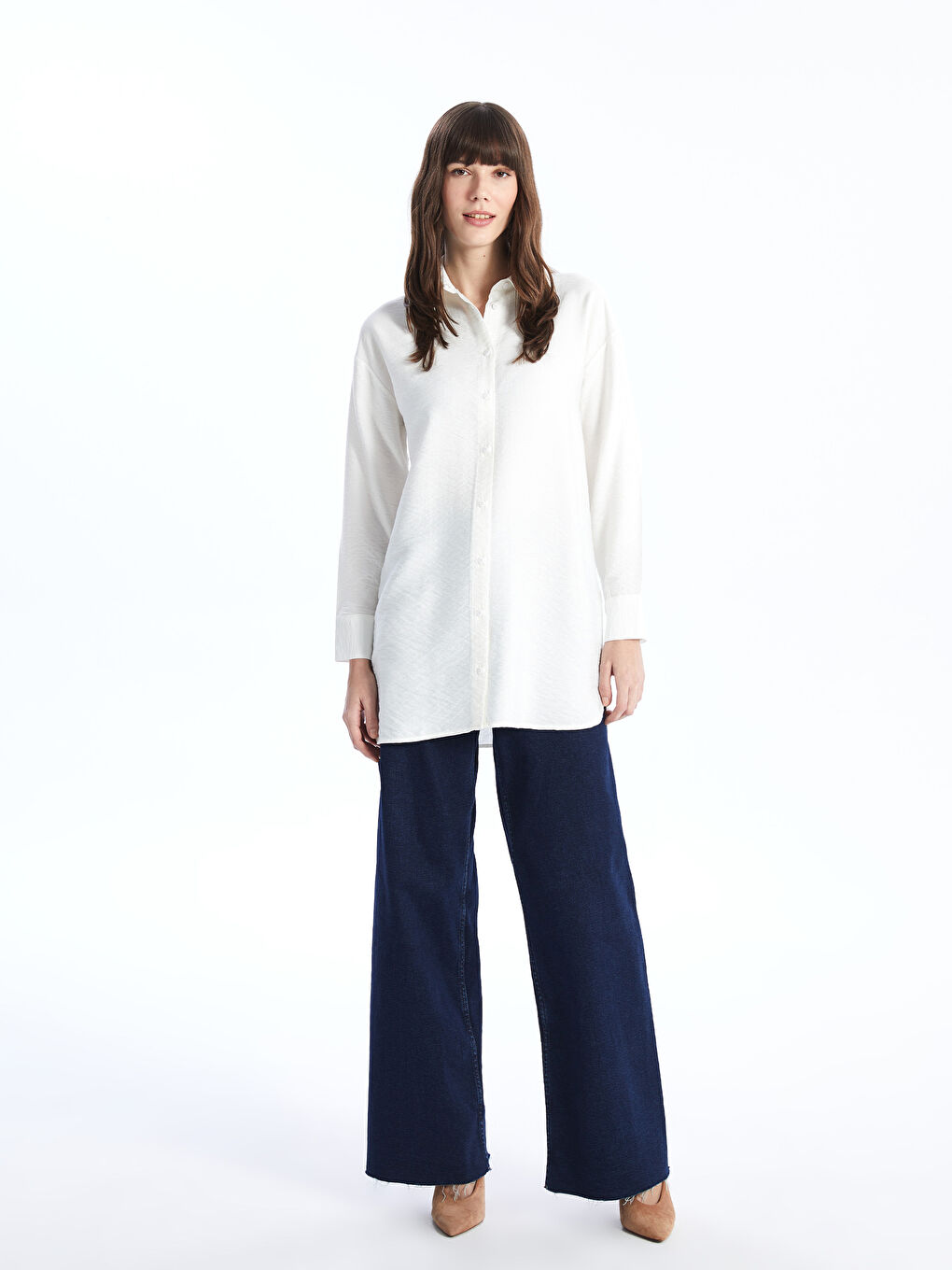 Beyaz Düz Uzun Kollu Oversize Kadın Gömlek Tunik-2