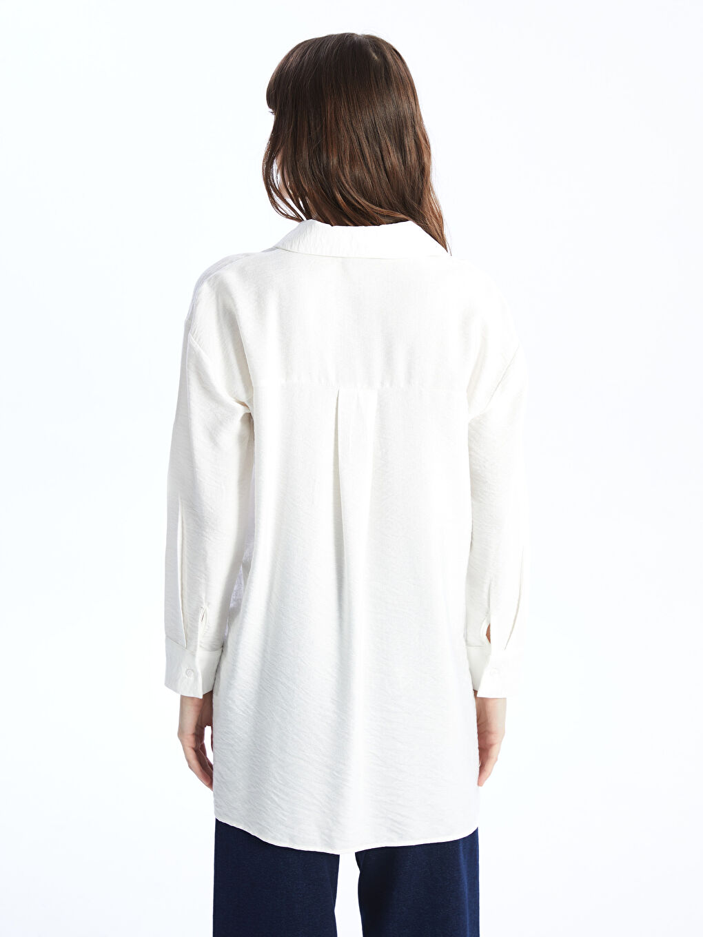 Beyaz Düz Uzun Kollu Oversize Kadın Gömlek Tunik-4