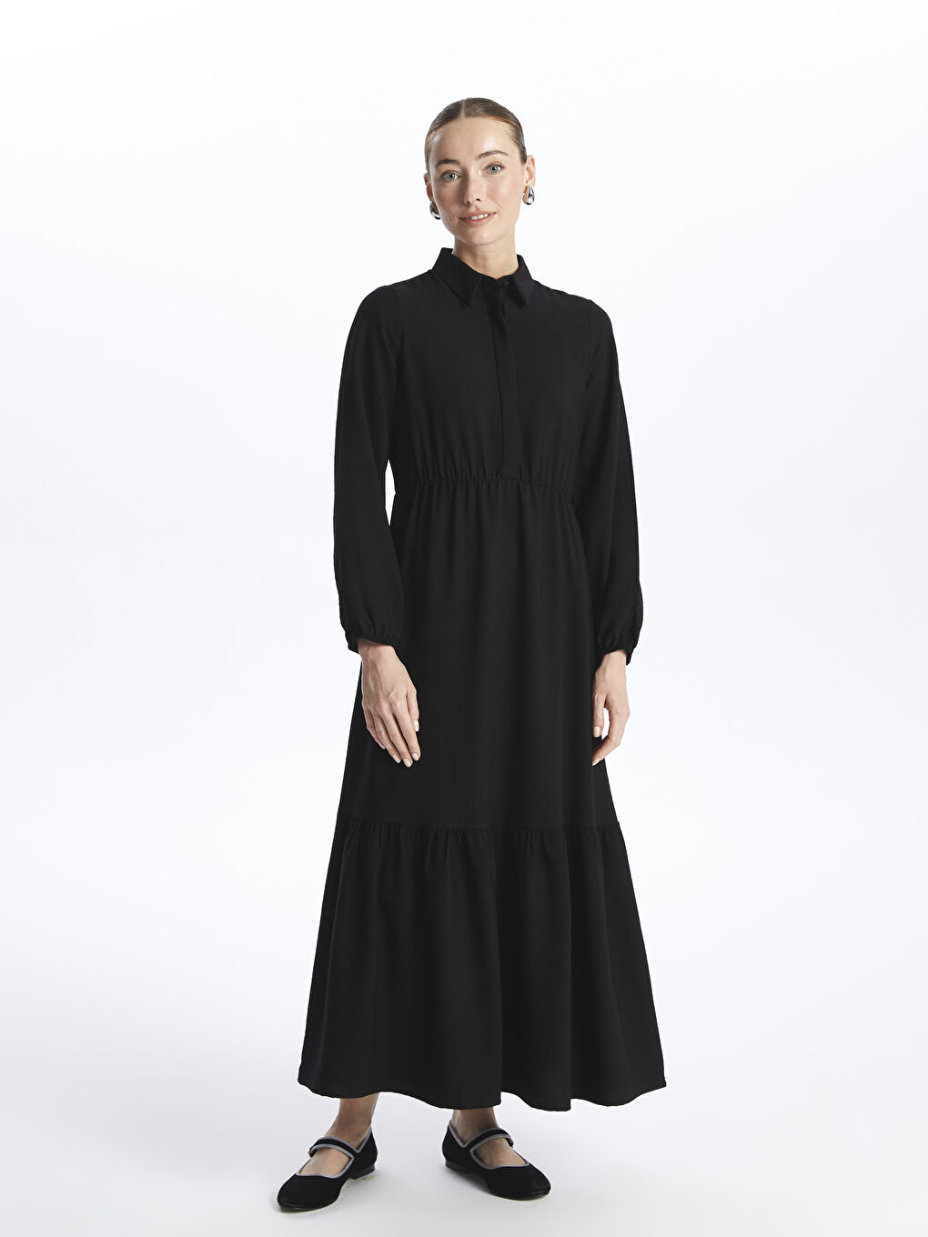 Siyah Gömlek Yaka Düz Uzun Kollu Kadın Elbise