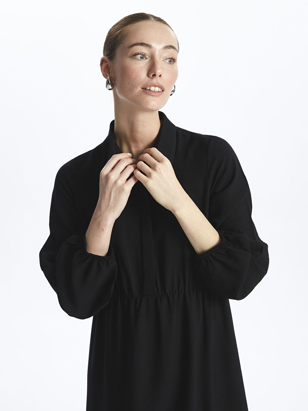 Siyah Gömlek Yaka Düz Uzun Kollu Kadın Elbise-1