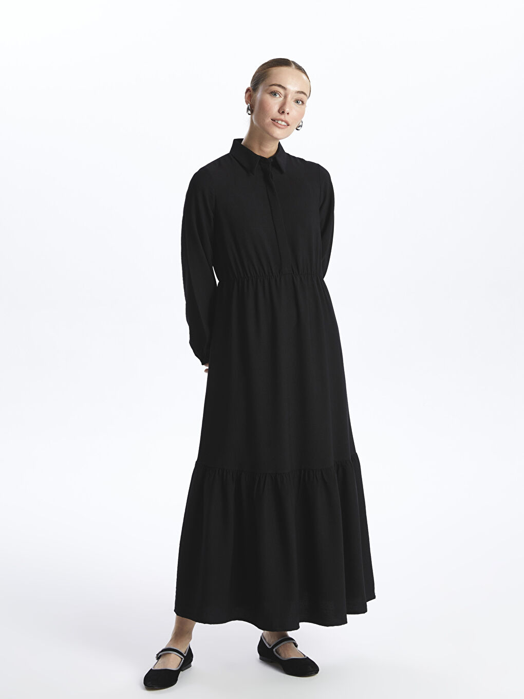 Siyah Gömlek Yaka Düz Uzun Kollu Kadın Elbise-2