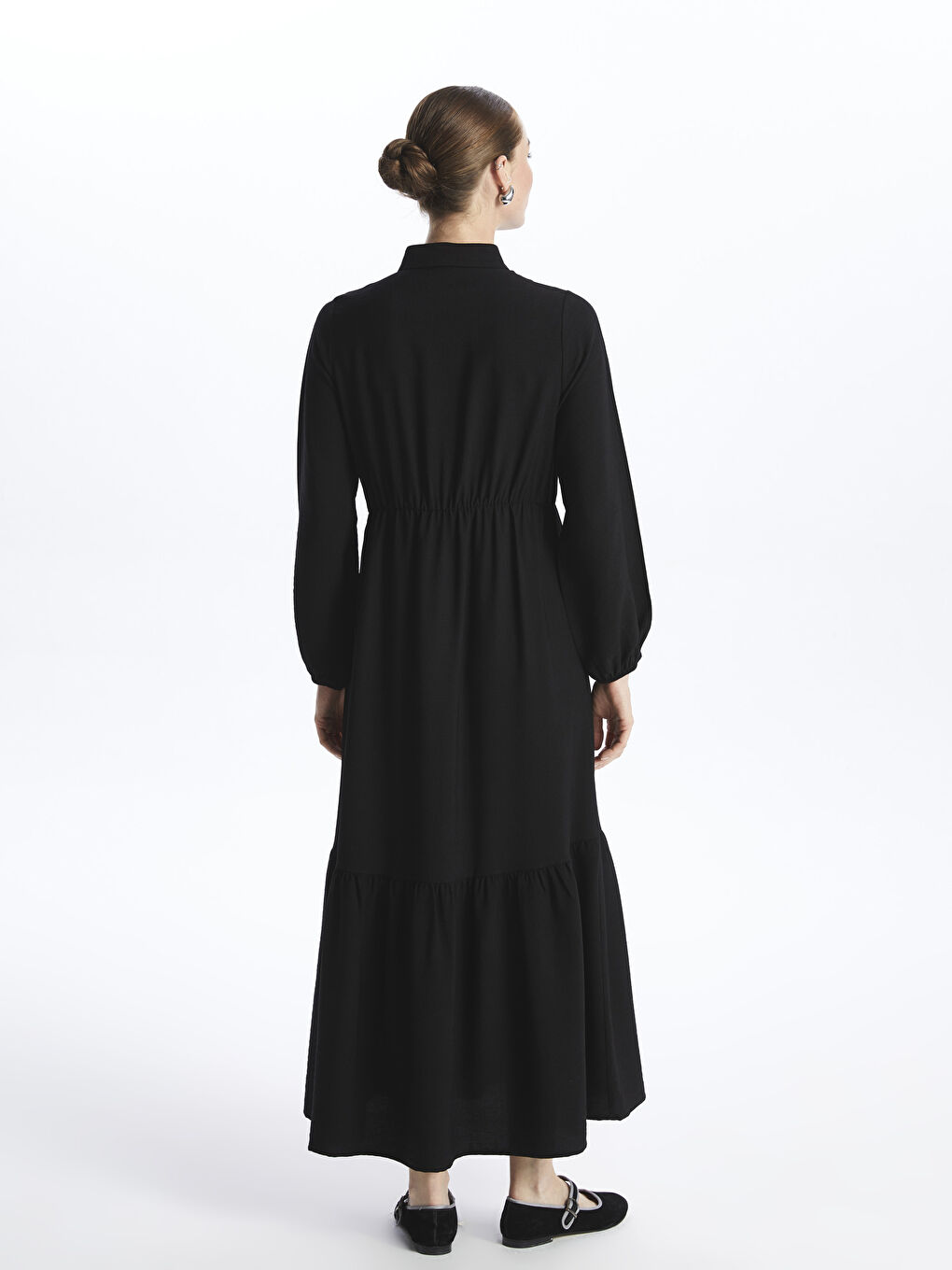 Siyah Gömlek Yaka Düz Uzun Kollu Kadın Elbise-4