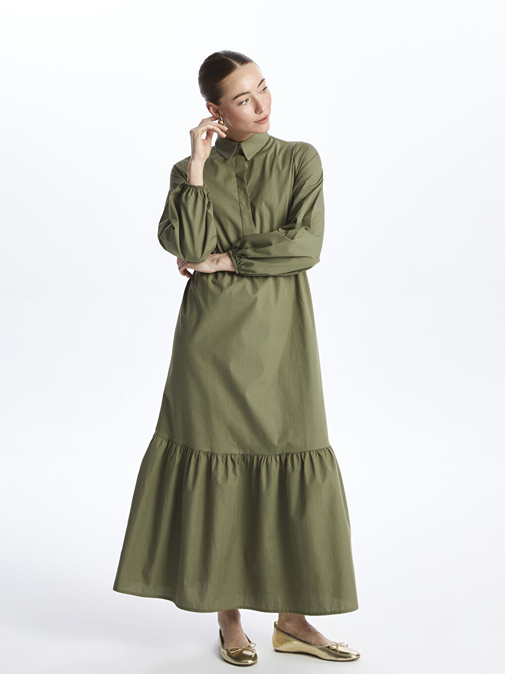 Haki Gömlek Yaka Düz Uzun Kollu Elbise