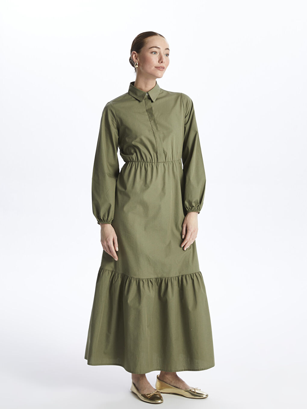 Haki Gömlek Yaka Düz Uzun Kollu Elbise-1